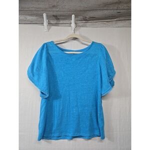 Chico's Women's Blue Knit Linen Short Flutter Sleeve‎ Top Sz 0 Small Fringe